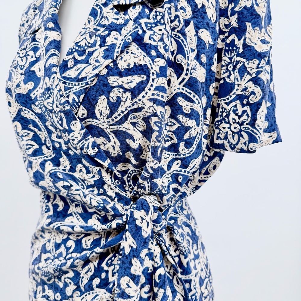 ADRIANNA PAPELL Vintage 100% Silk Blue Floral Midi Dress Wrap Tie Waist - Picture 6 of 11